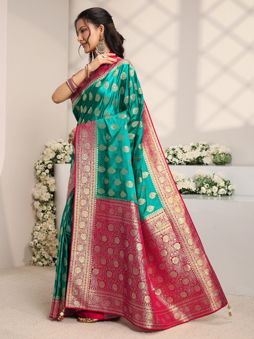  Libas Art Green Ethnic Woven Design Satin Saree With Unstitched Blouse Piece 