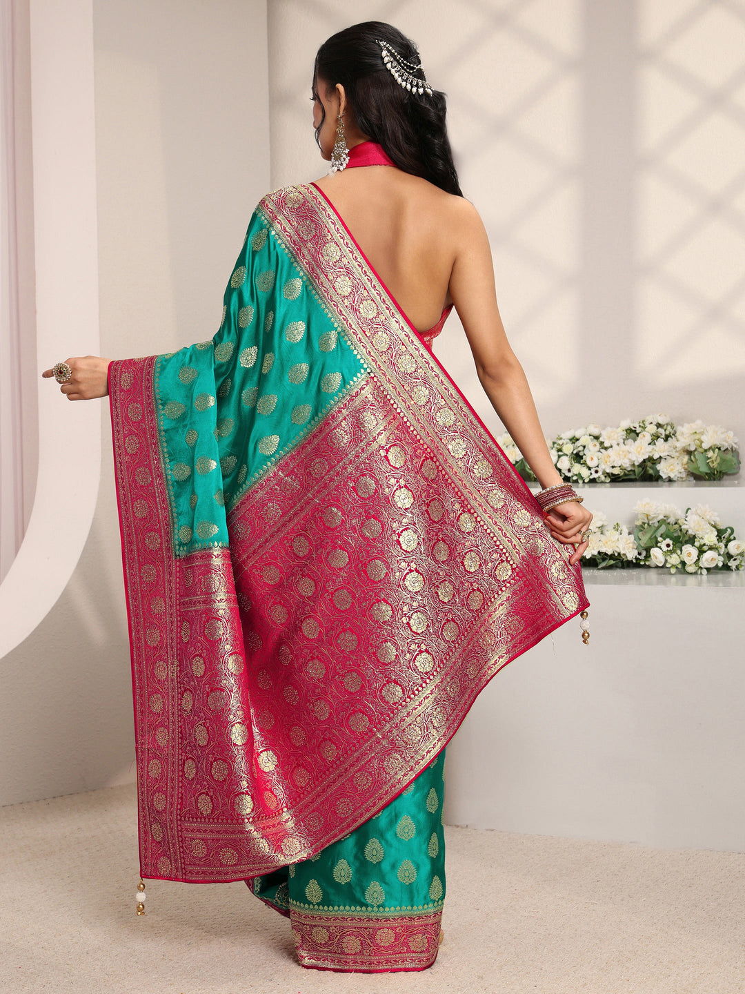  Libas Art Green Ethnic Woven Design Satin Saree With Unstitched Blouse Piece 