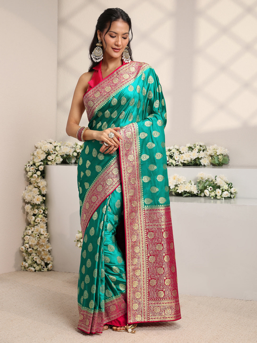  Libas Art Green Ethnic Woven Design Satin Saree With Unstitched Blouse Piece 