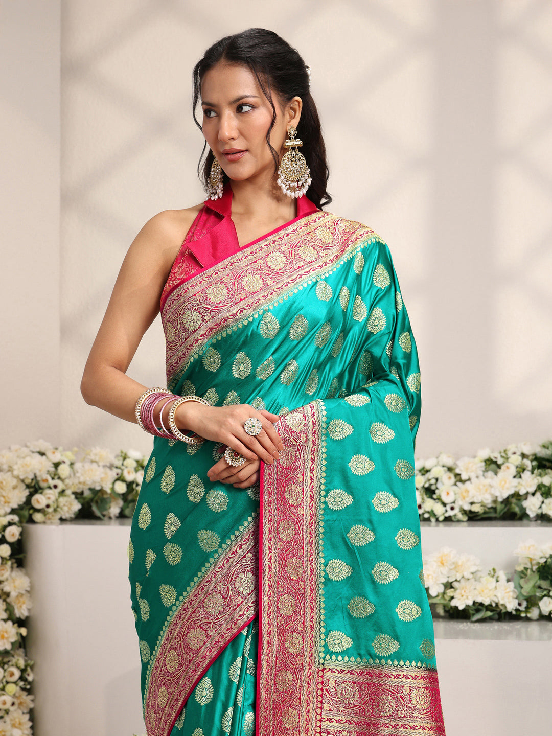  Libas Art Green Ethnic Woven Design Satin Saree With Unstitched Blouse Piece 