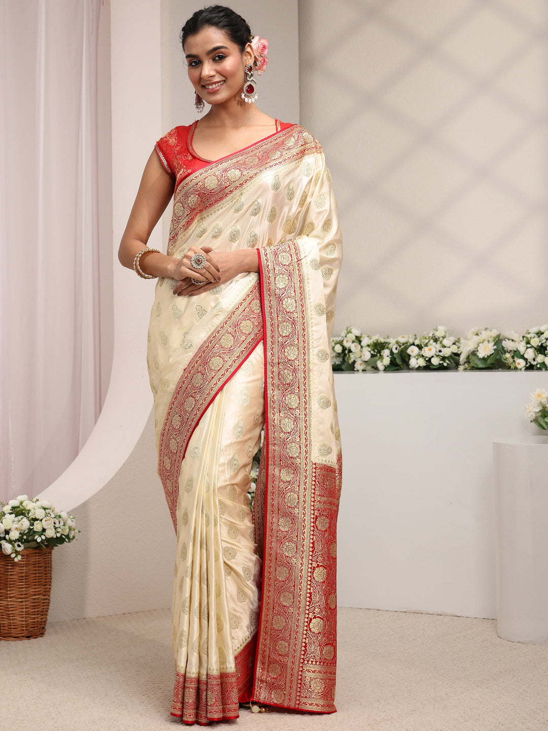  Libas Art Ivory Ethnic Woven Design Satin Saree With Unstitched Blouse Piece 