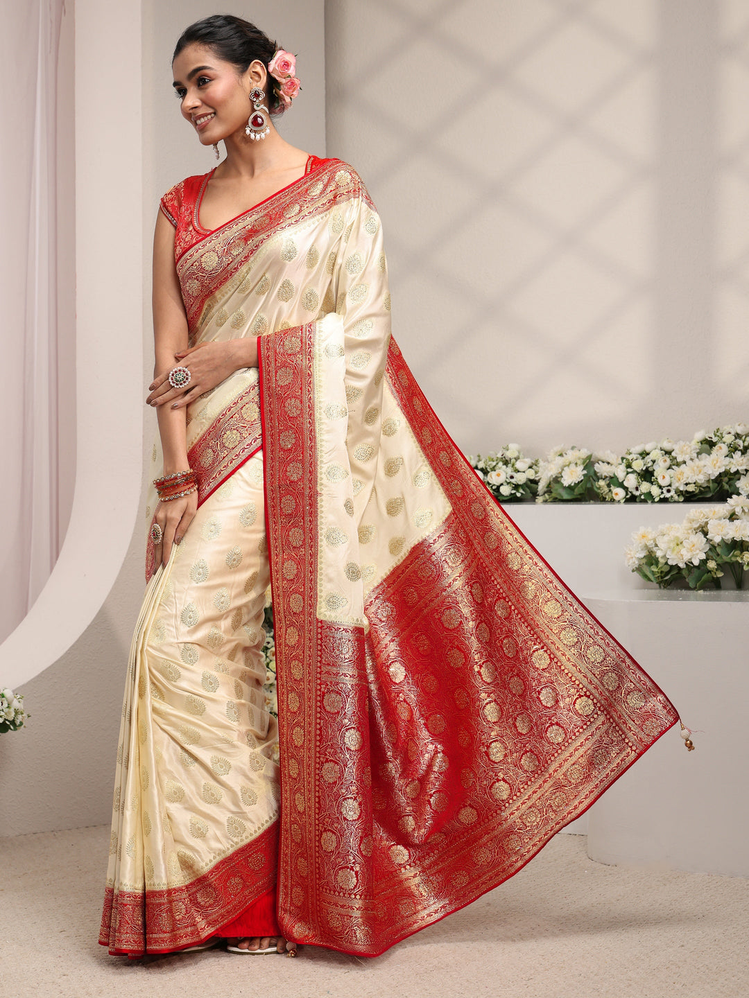  Libas Art Ivory Ethnic Woven Design Satin Saree With Unstitched Blouse Piece 