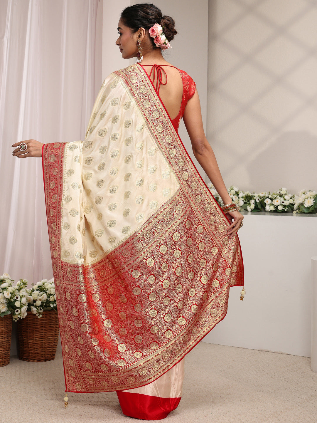  Libas Art Ivory Ethnic Woven Design Satin Saree With Unstitched Blouse Piece 