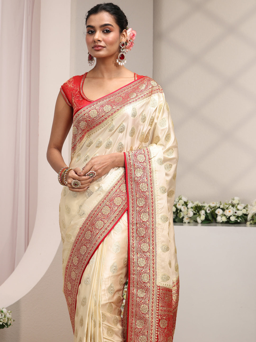  Libas Art Ivory Ethnic Woven Design Satin Saree With Unstitched Blouse Piece 