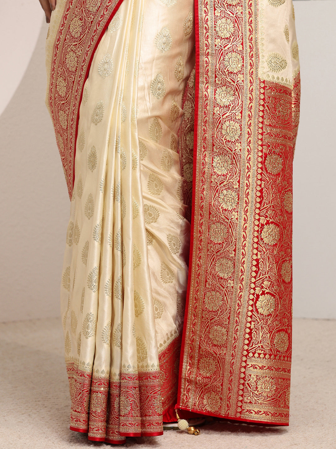  Libas Art Ivory Ethnic Woven Design Satin Saree With Unstitched Blouse Piece 