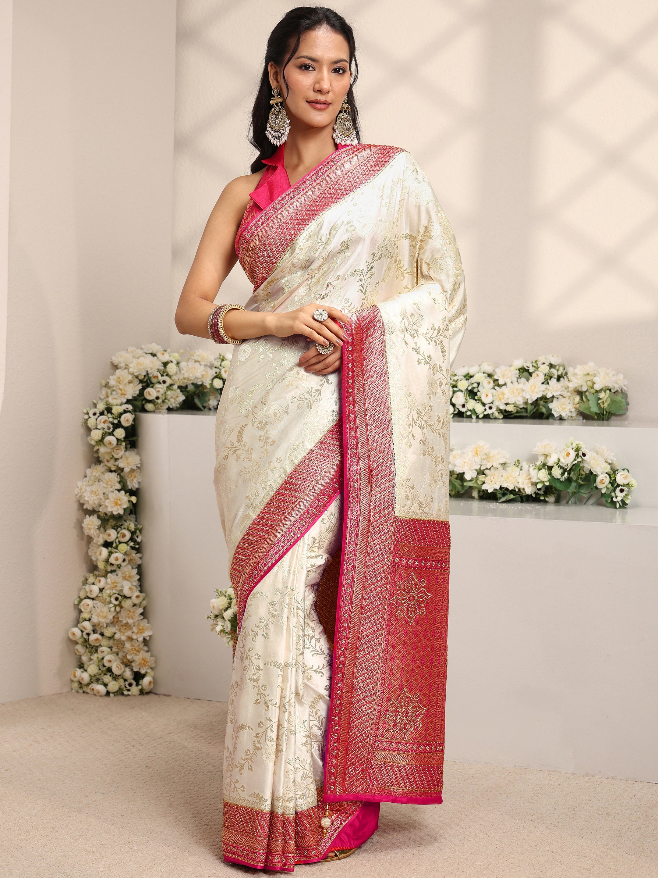 Libas Art Ivory Floral Woven Design Satin Saree With Unstitched Blouse Piece-picture-45