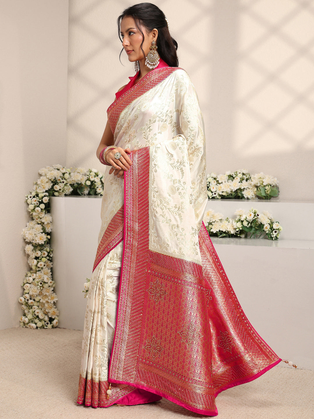  Libas Art Ivory Floral Woven Design Satin Saree With Unstitched Blouse Piece 