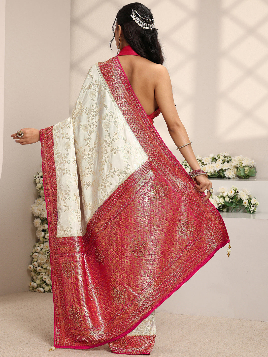  Libas Art Ivory Floral Woven Design Satin Saree With Unstitched Blouse Piece 