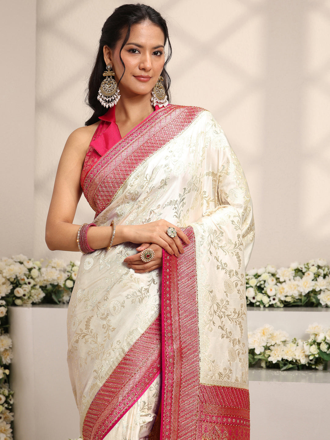  Libas Art Ivory Floral Woven Design Satin Saree With Unstitched Blouse Piece 