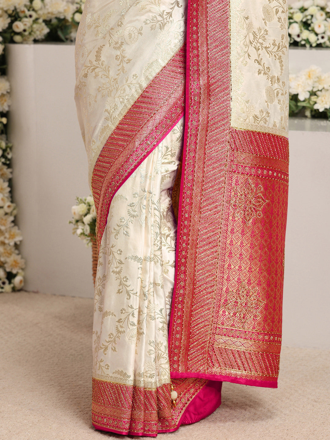  Libas Art Ivory Floral Woven Design Satin Saree With Unstitched Blouse Piece 