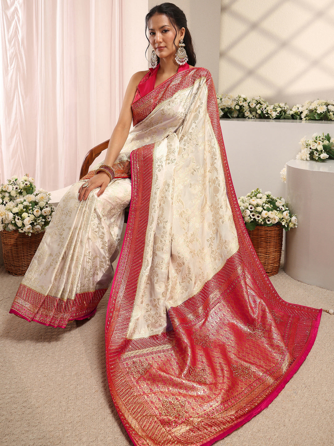  Libas Art Ivory Floral Woven Design Satin Saree With Unstitched Blouse Piece 