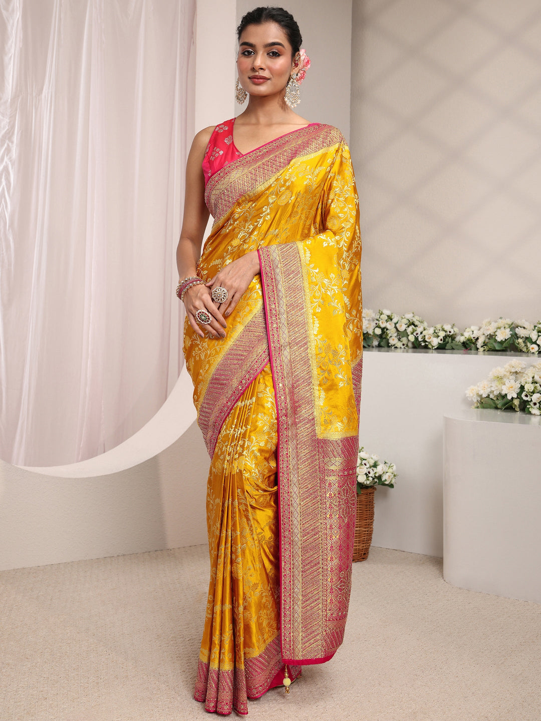  Libas Art Mustard Floral Woven Design Satin Saree With Unstitched Blouse Piece 