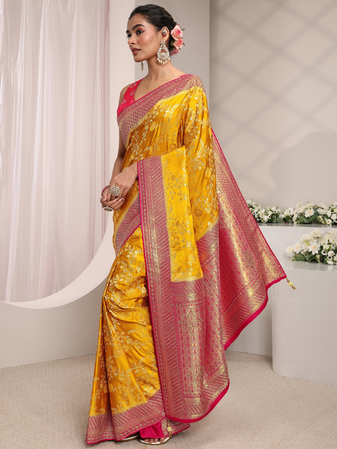  Libas Art Mustard Floral Woven Design Satin Saree With Unstitched Blouse Piece 