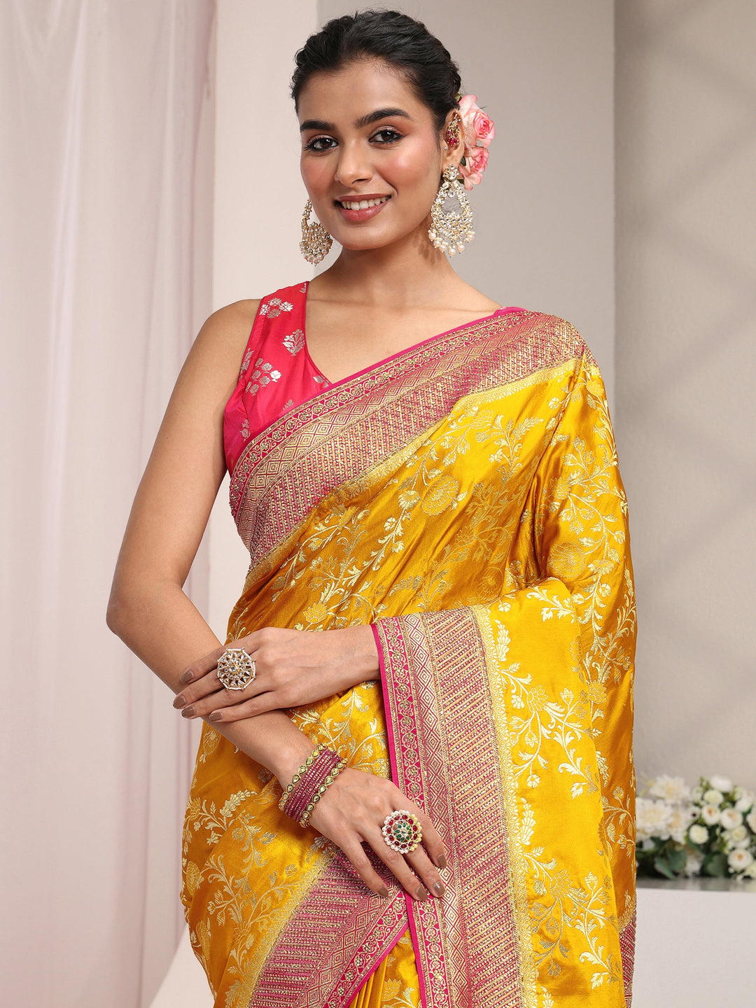  Libas Art Mustard Floral Woven Design Satin Saree With Unstitched Blouse Piece 