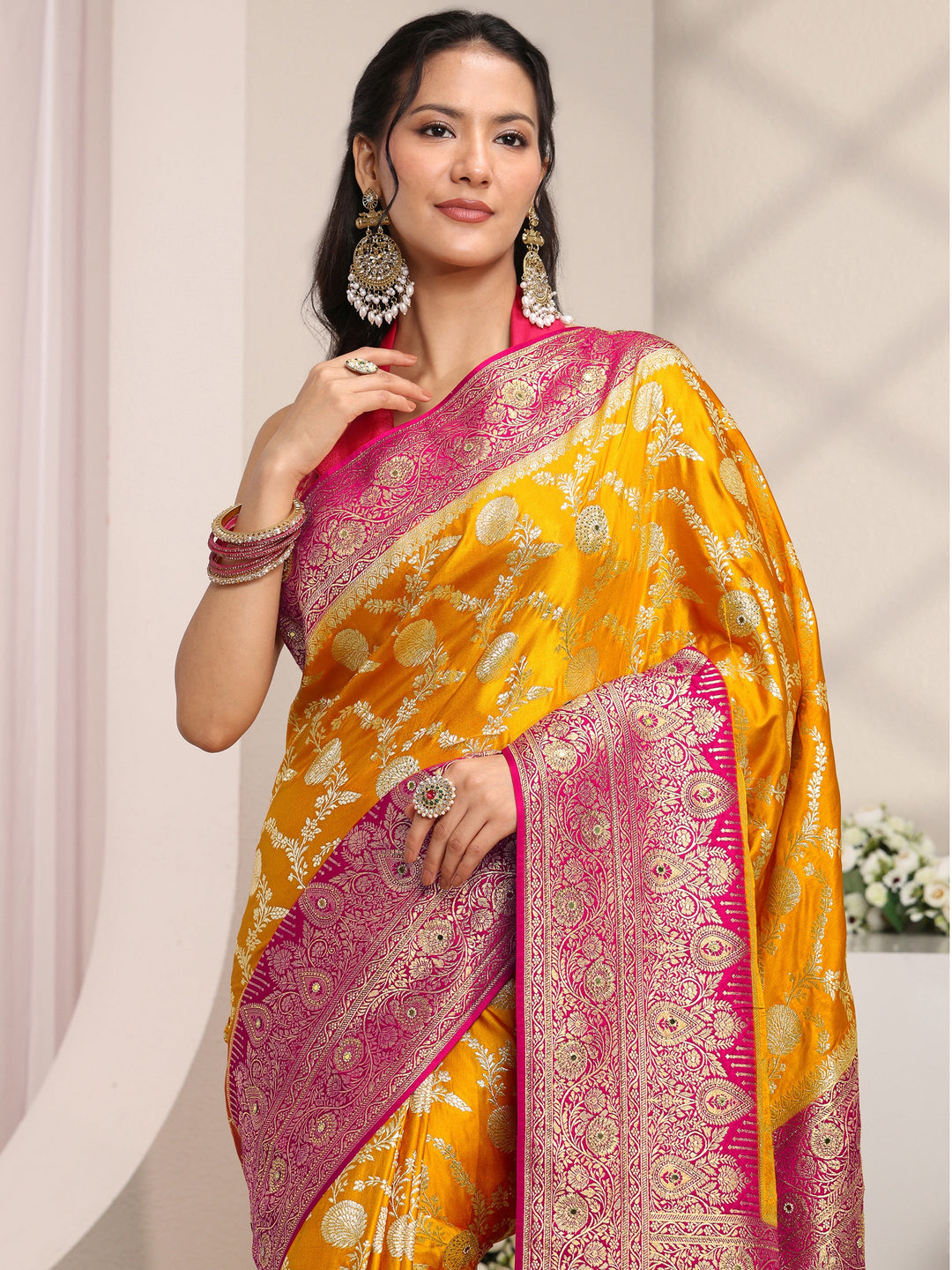  Libas Art Mustard Floral Woven Design Satin Saree With Unstitched Blouse Piece 