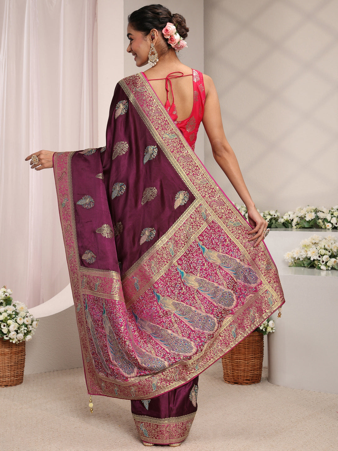  Libas Art Burgundy Ethnic Woven Design Satin Saree With Unstitched Blouse Piece 