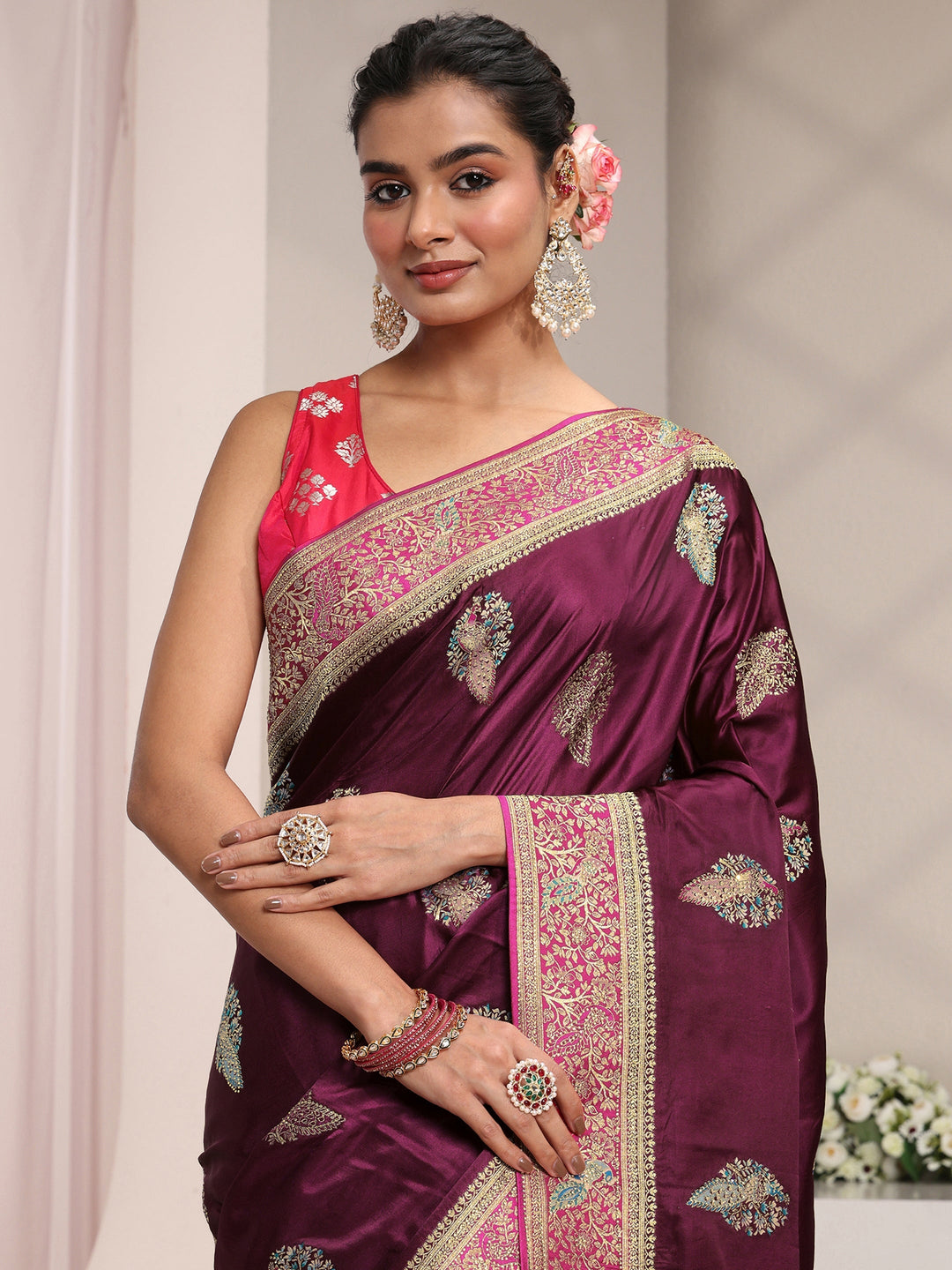  Libas Art Burgundy Ethnic Woven Design Satin Saree With Unstitched Blouse Piece 