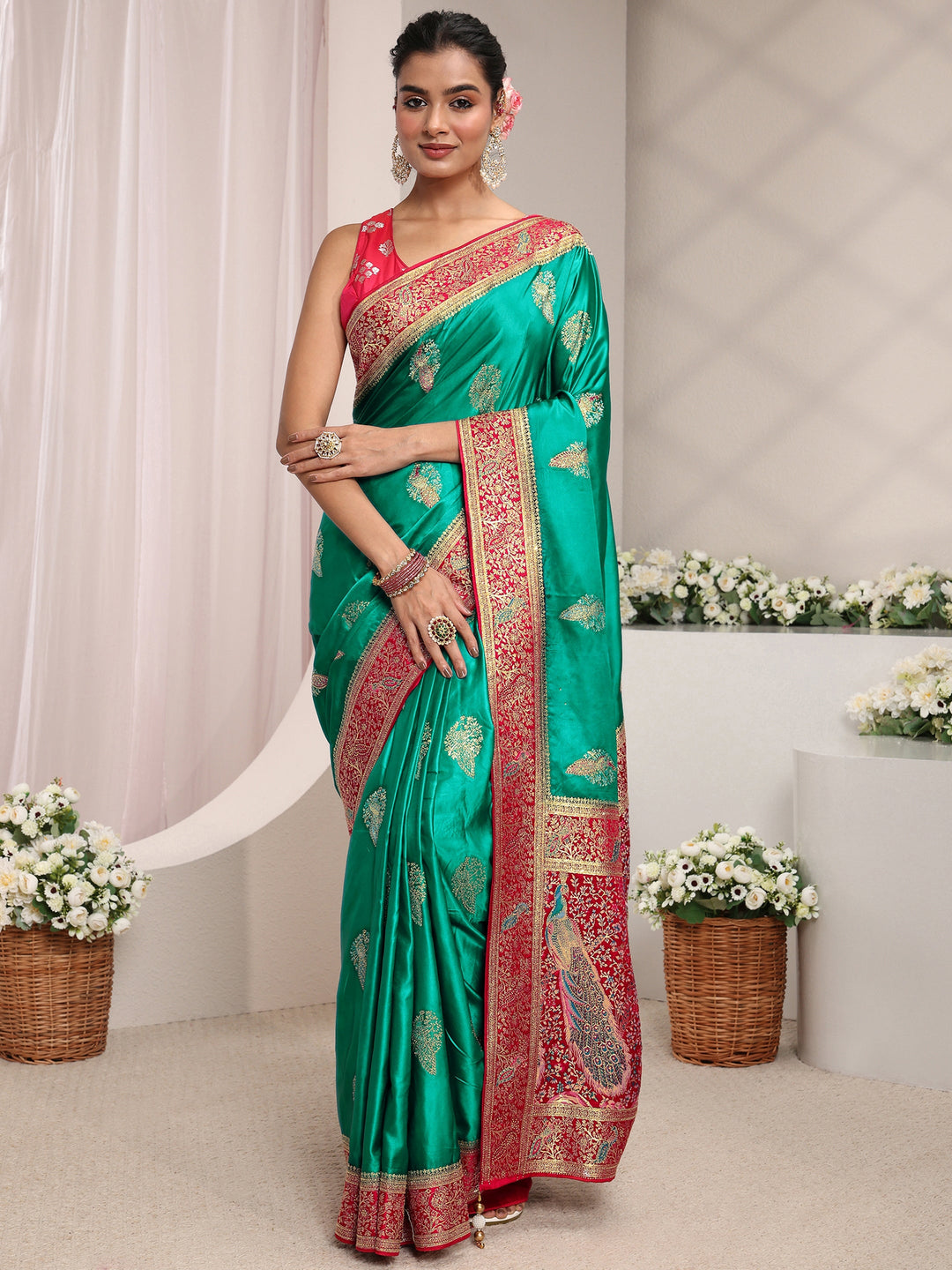  Libas Art Green Ethnic Woven Design Satin Saree With Unstitched Blouse Piece 