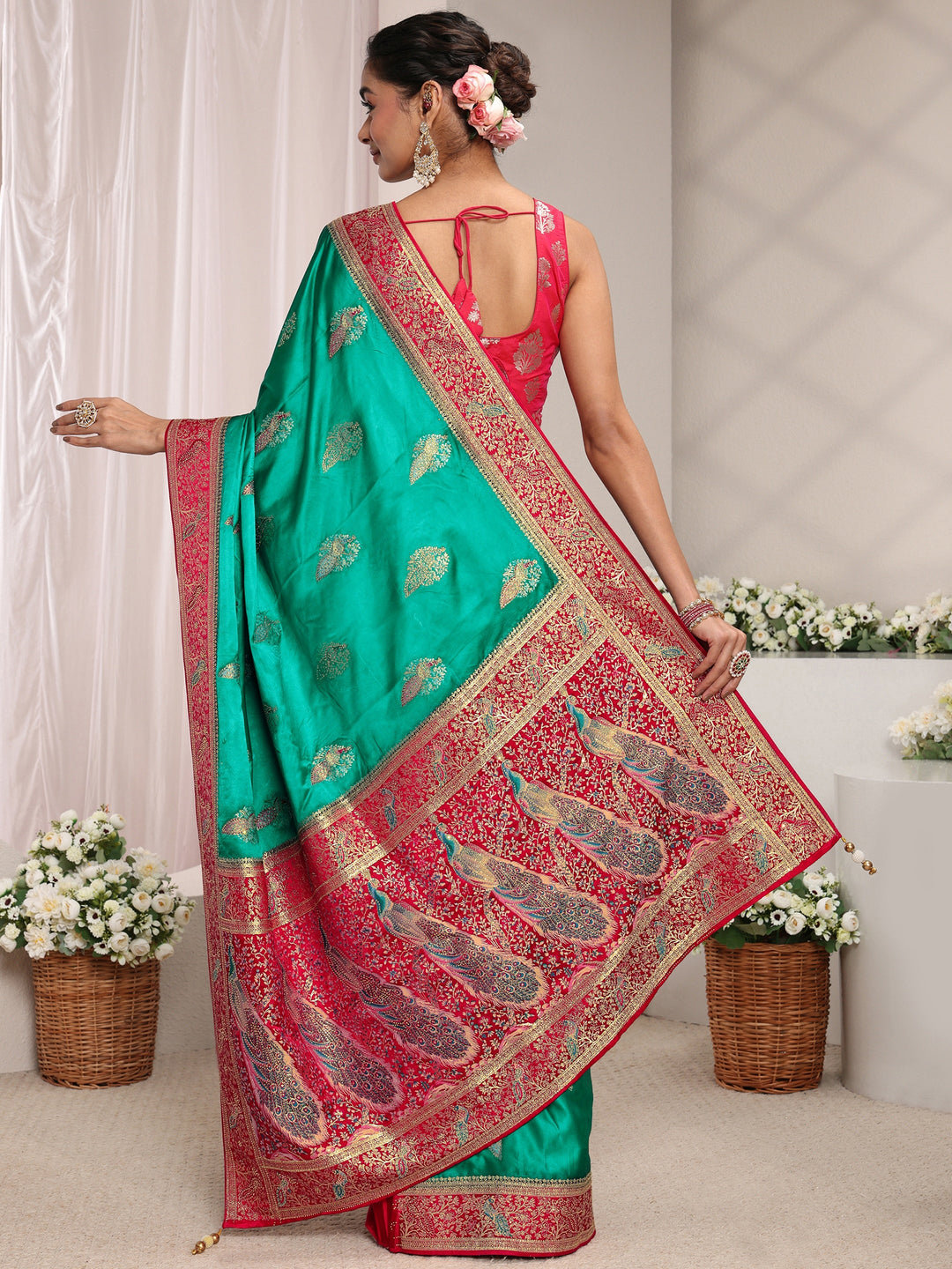  Libas Art Green Ethnic Woven Design Satin Saree With Unstitched Blouse Piece 