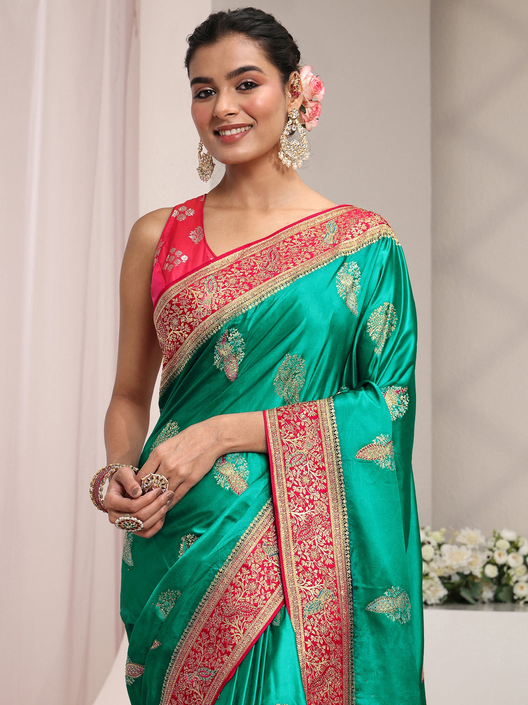  Libas Art Green Ethnic Woven Design Satin Saree With Unstitched Blouse Piece 