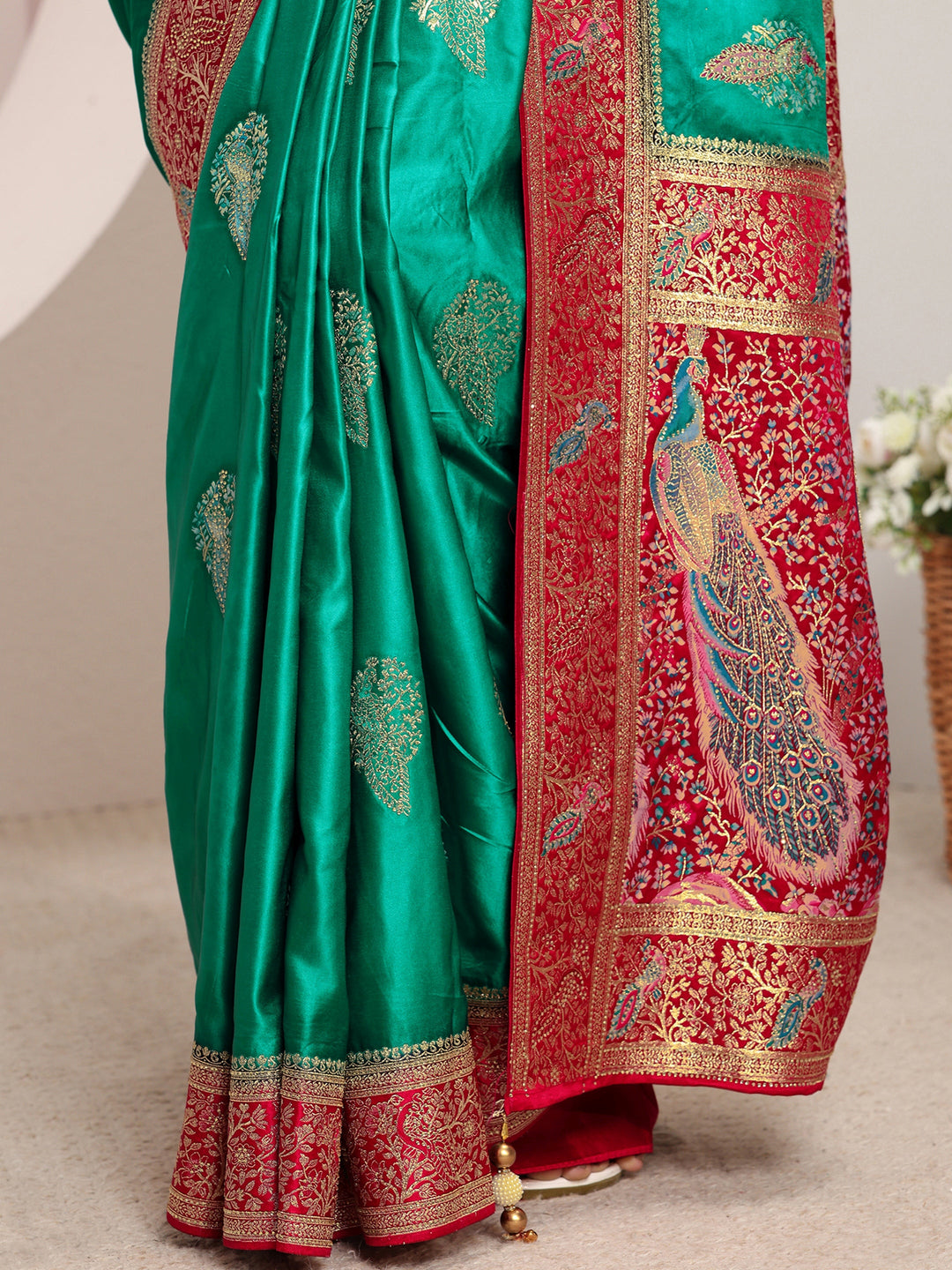  Libas Art Green Ethnic Woven Design Satin Saree With Unstitched Blouse Piece 