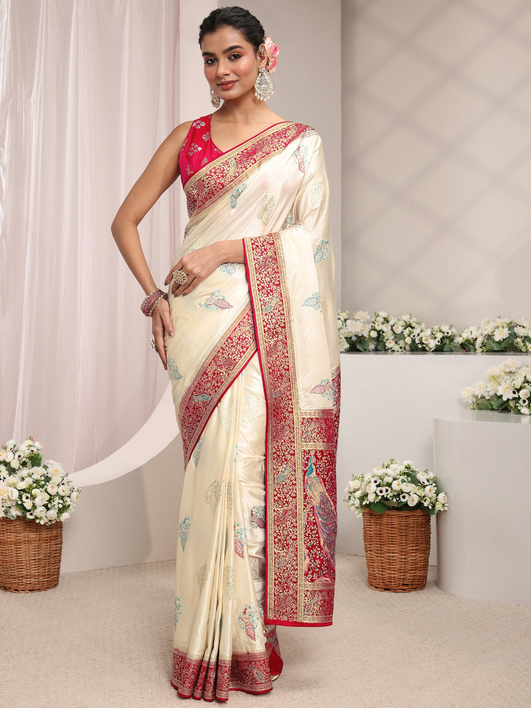  Libas Art Ivory Ethnic Woven Design Satin Saree With Unstitched Blouse Piece 