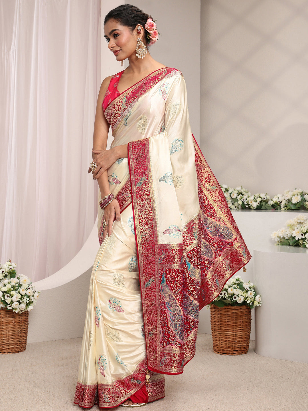  Libas Art Ivory Ethnic Woven Design Satin Saree With Unstitched Blouse Piece 