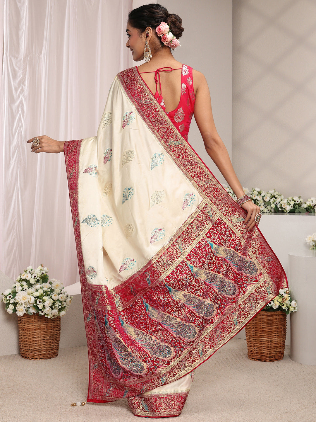  Libas Art Ivory Ethnic Woven Design Satin Saree With Unstitched Blouse Piece 