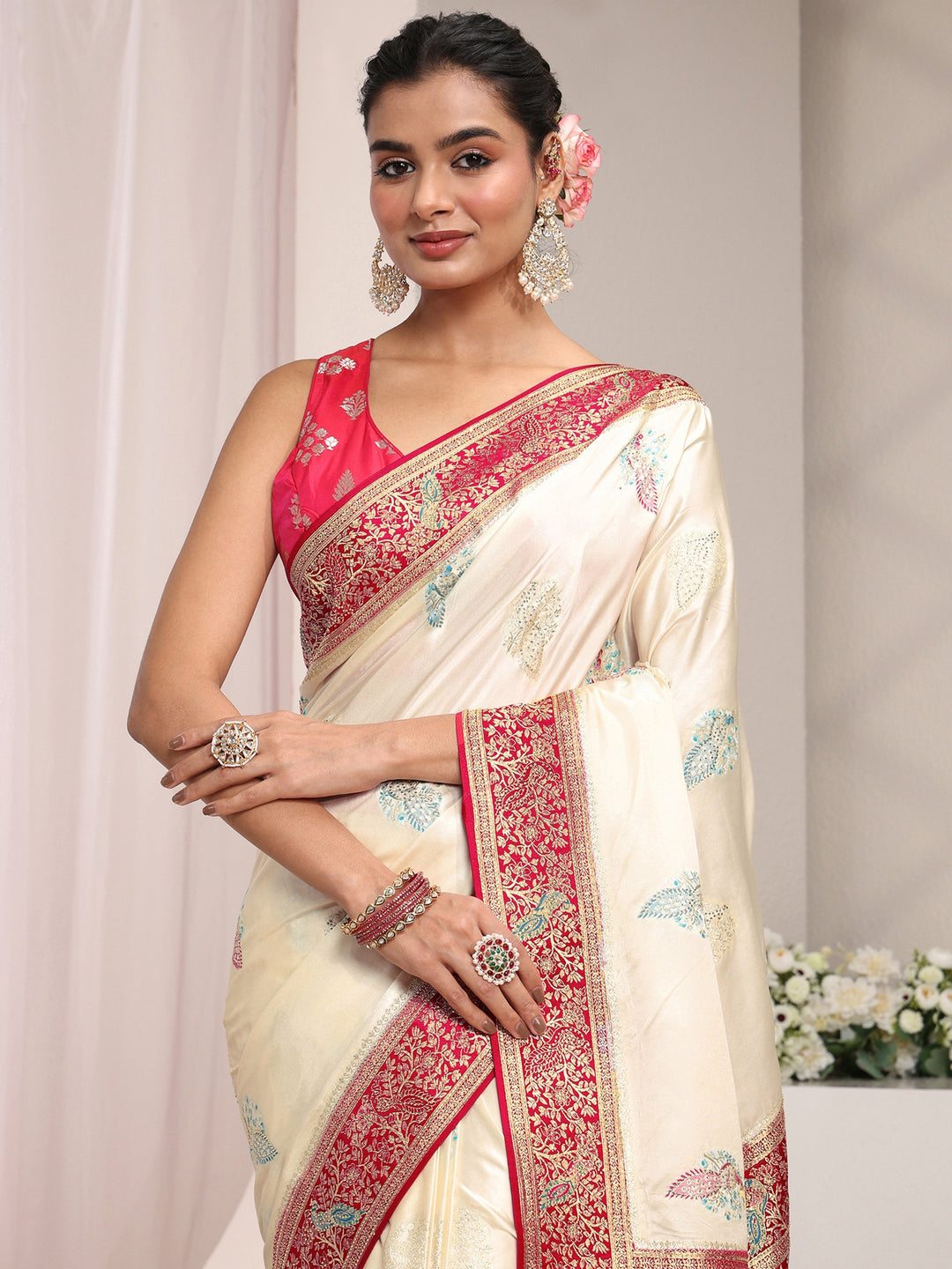  Libas Art Ivory Ethnic Woven Design Satin Saree With Unstitched Blouse Piece 