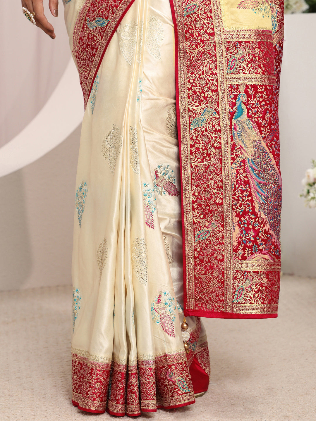  Libas Art Ivory Ethnic Woven Design Satin Saree With Unstitched Blouse Piece 