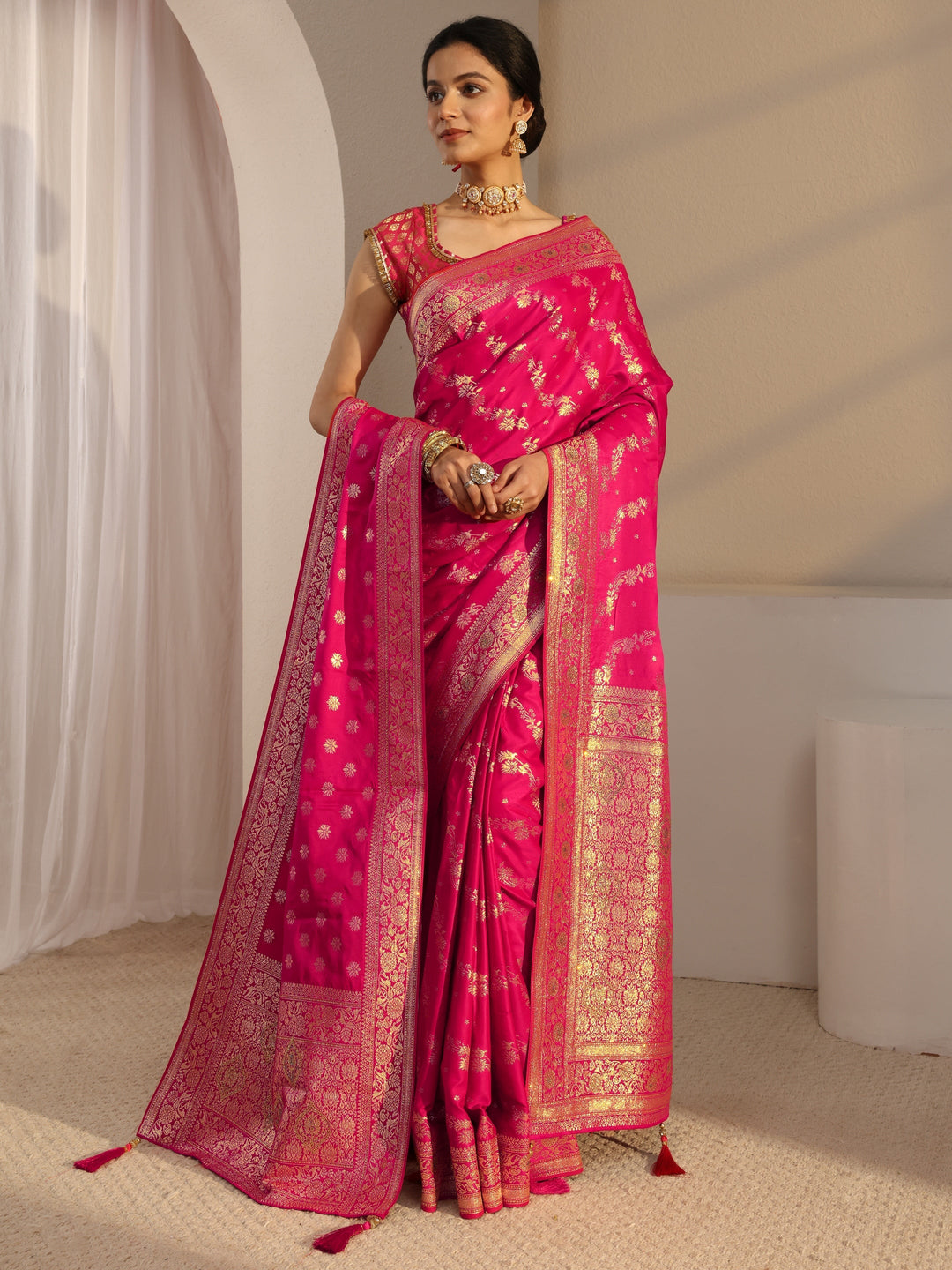  Libas Pink Banarasi Satin Saree With Unstiched Blouse Piece And Dupatta 