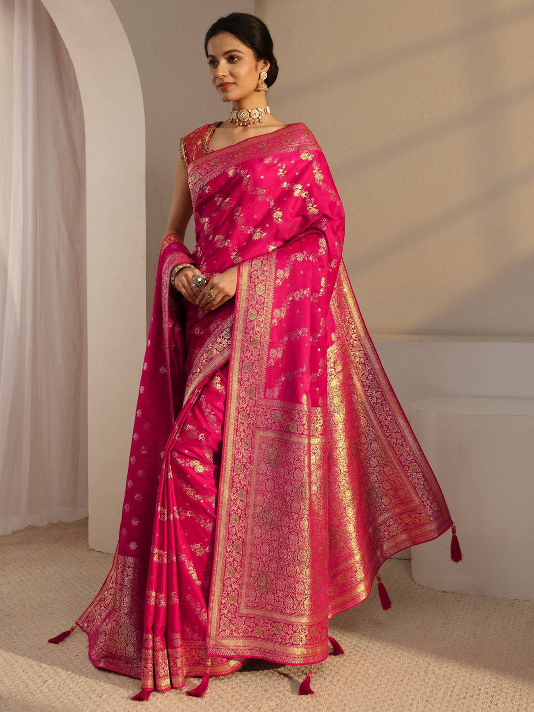  Libas Pink Banarasi Satin Saree With Unstiched Blouse Piece And Dupatta 