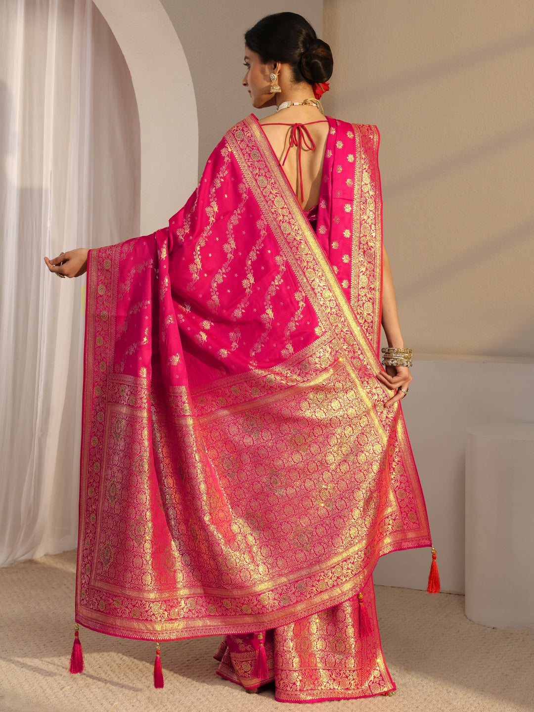  Libas Pink Banarasi Satin Saree With Unstiched Blouse Piece And Dupatta 
