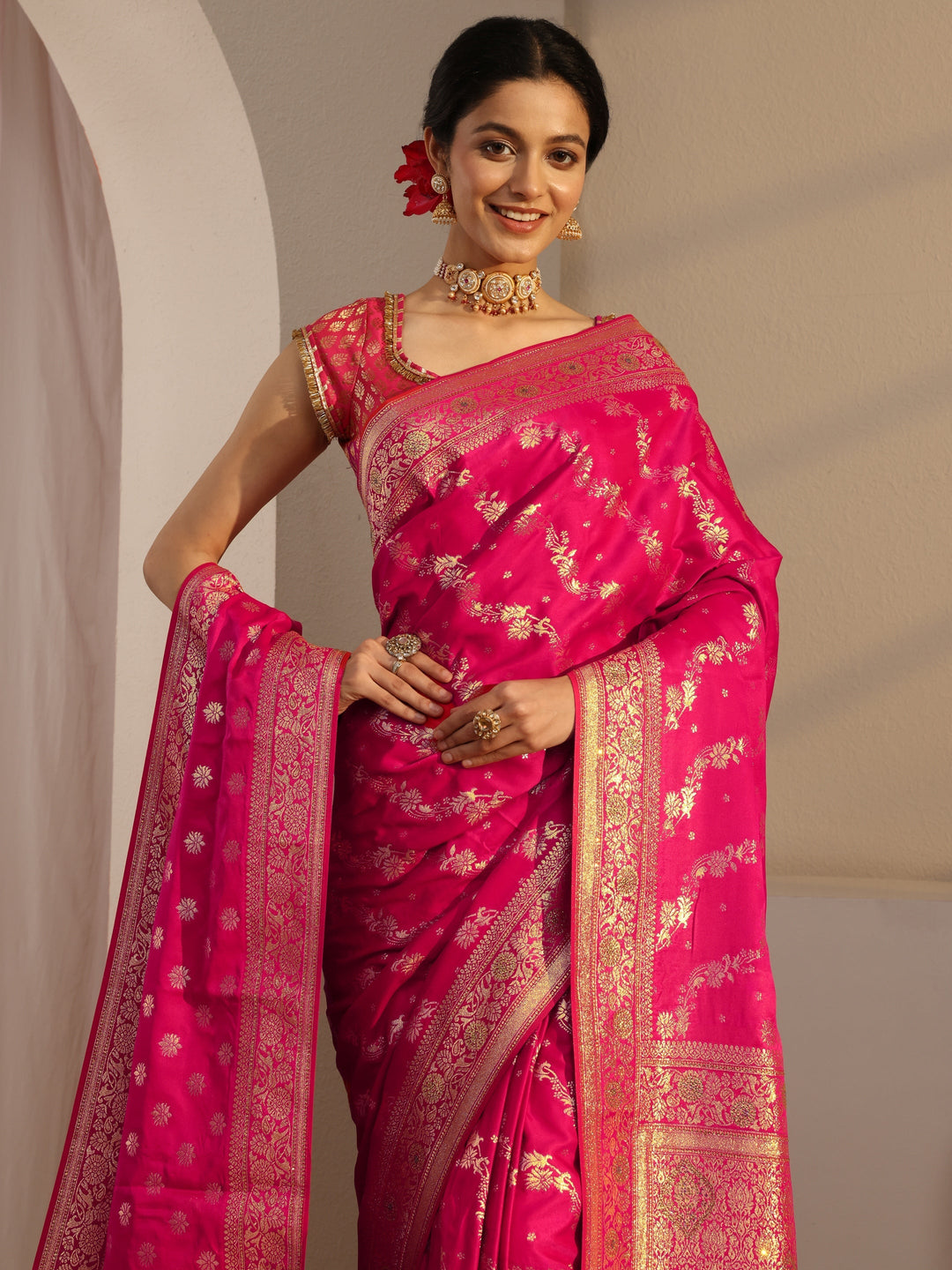  Libas Pink Banarasi Satin Saree With Unstiched Blouse Piece And Dupatta 