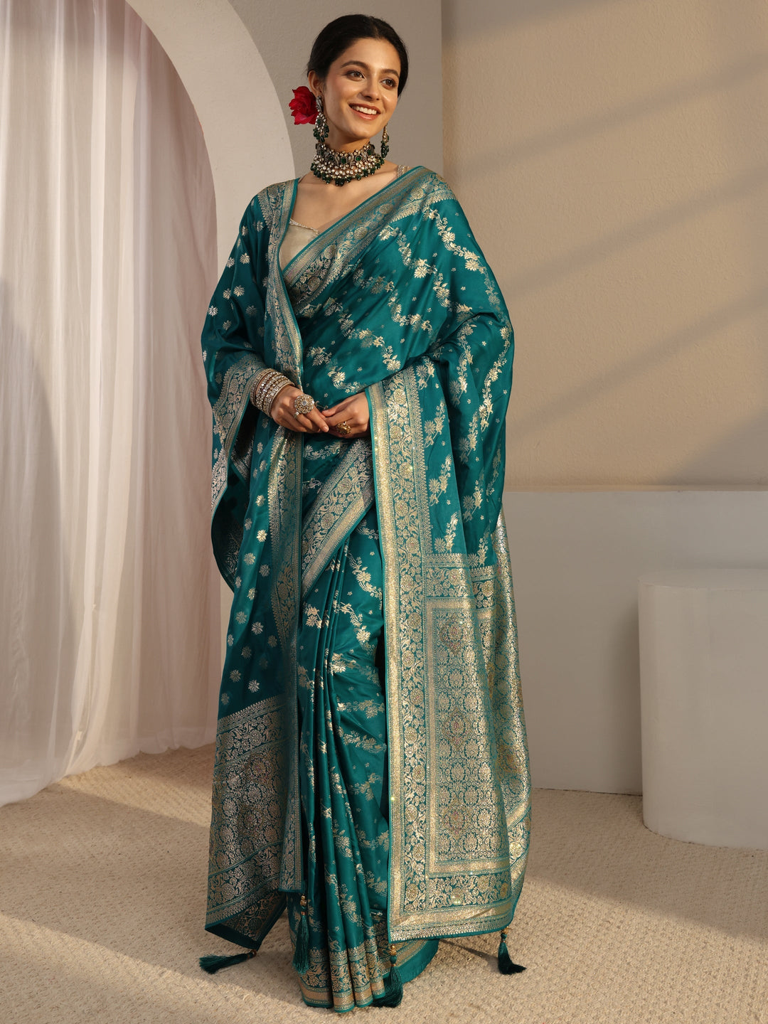  Libas Green Banarasi Satin Saree With Unstiched Blouse Piece And Dupatta 