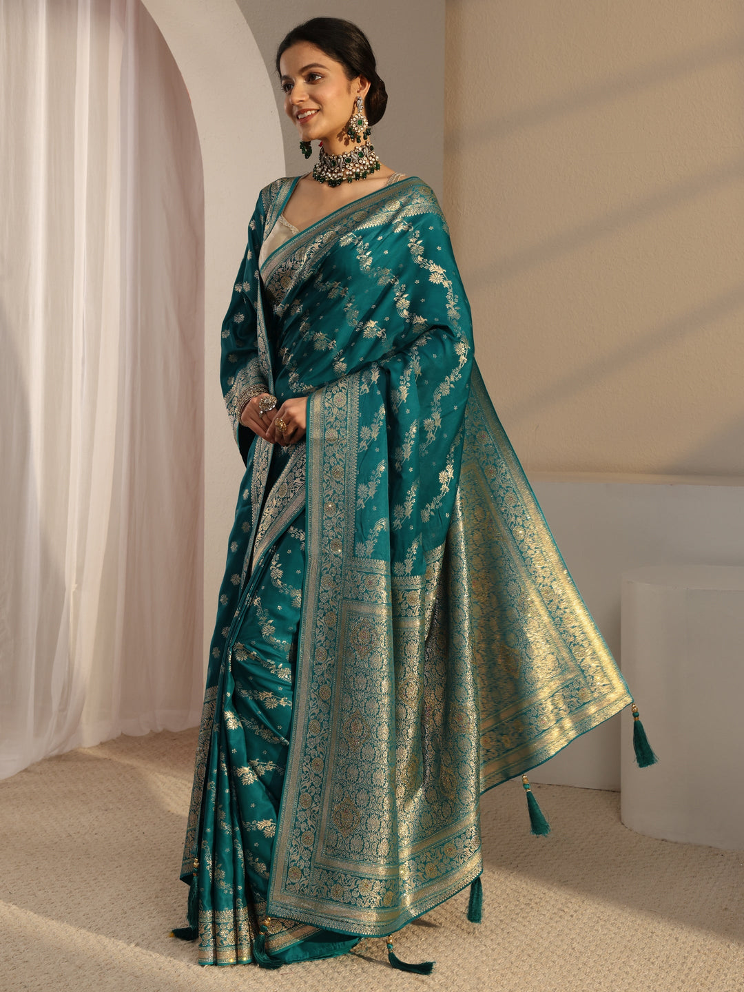  Libas Green Banarasi Satin Saree With Unstiched Blouse Piece And Dupatta 