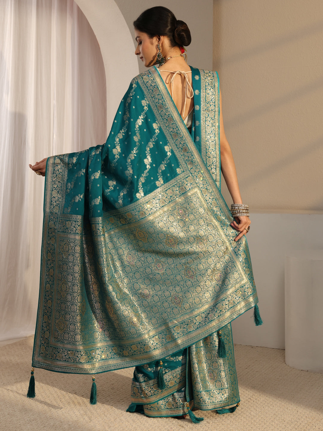  Libas Green Banarasi Satin Saree With Unstiched Blouse Piece And Dupatta 