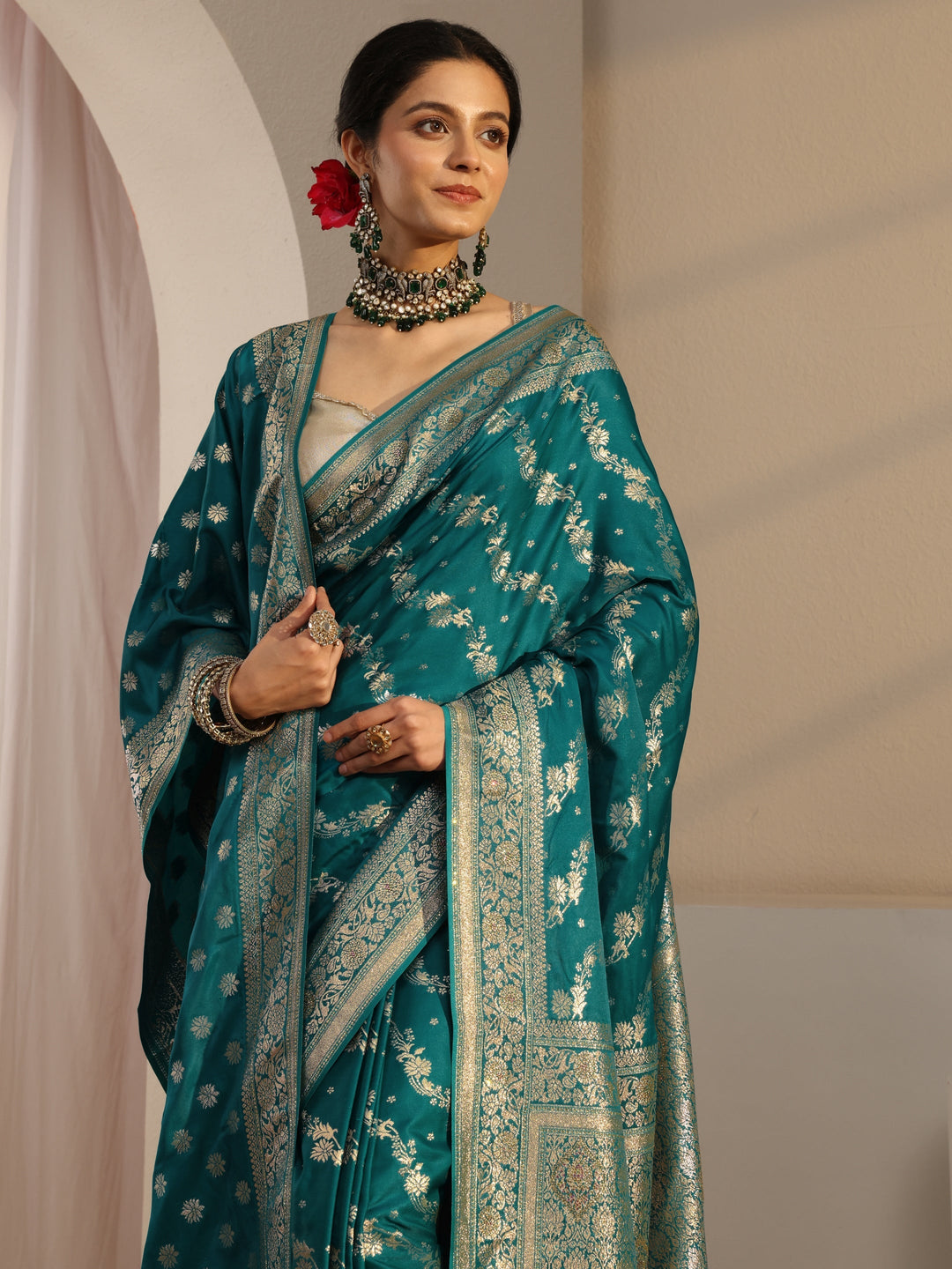  Libas Green Banarasi Satin Saree With Unstiched Blouse Piece And Dupatta 
