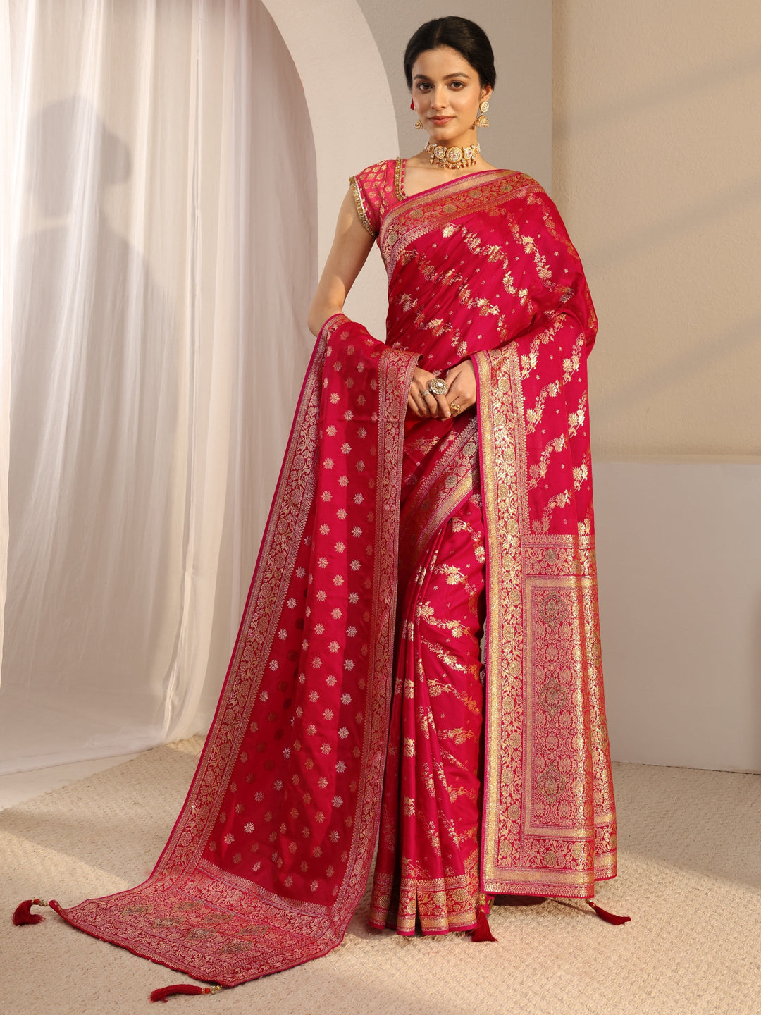  Libas Red Banarasi Satin Saree With Unstiched Blouse Piece And Dupatta 
