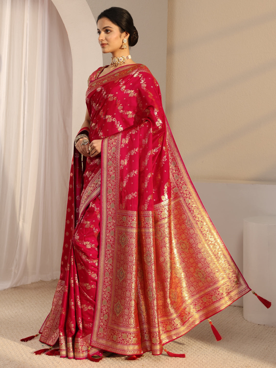  Libas Red Banarasi Satin Saree With Unstiched Blouse Piece And Dupatta 