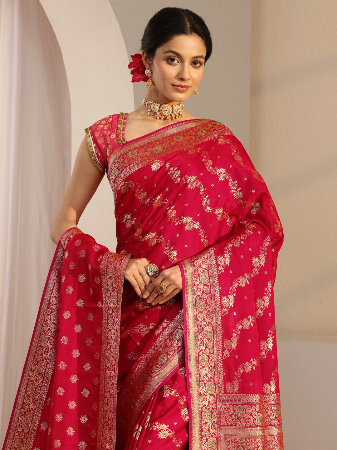  Libas Red Banarasi Satin Saree With Unstiched Blouse Piece And Dupatta 
