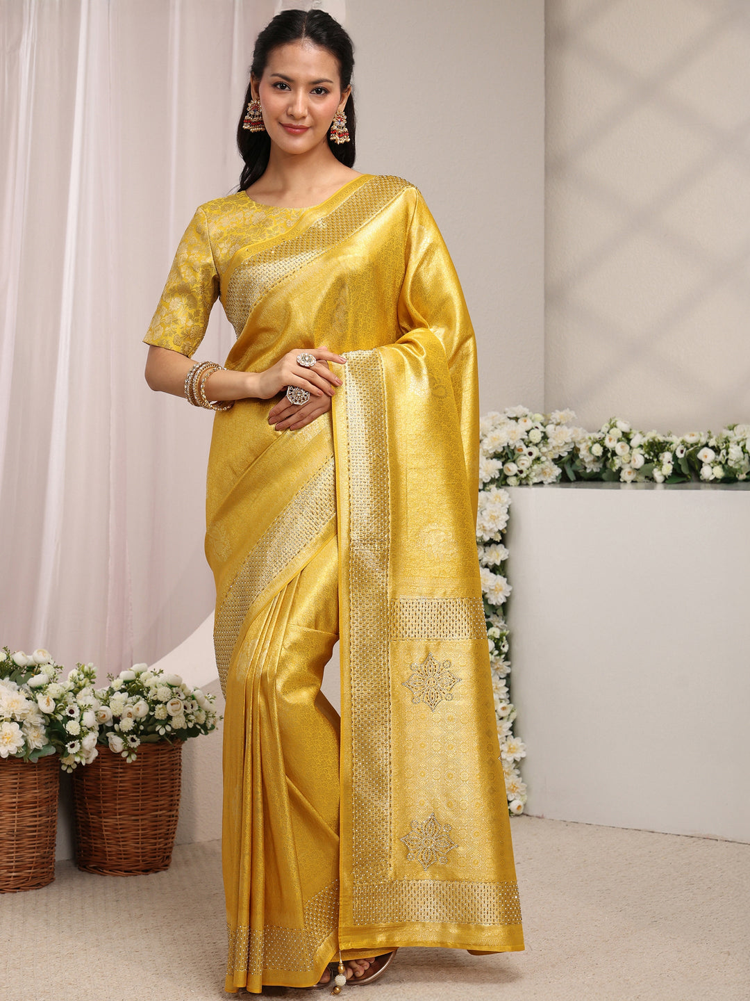  Mustard Ethnic Woven Design Silk Blend Saree With Unstitched Blouse Piece 