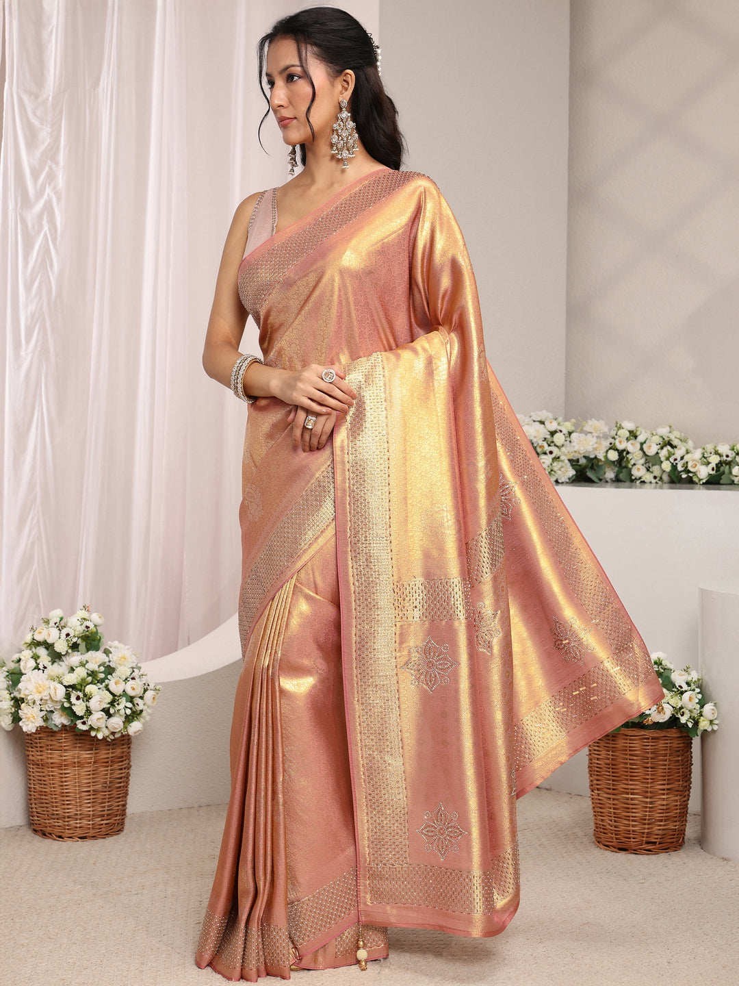  Libas Peach Ethnic Woven Design Silk Blend Saree With Unstitched Blouse Piece 