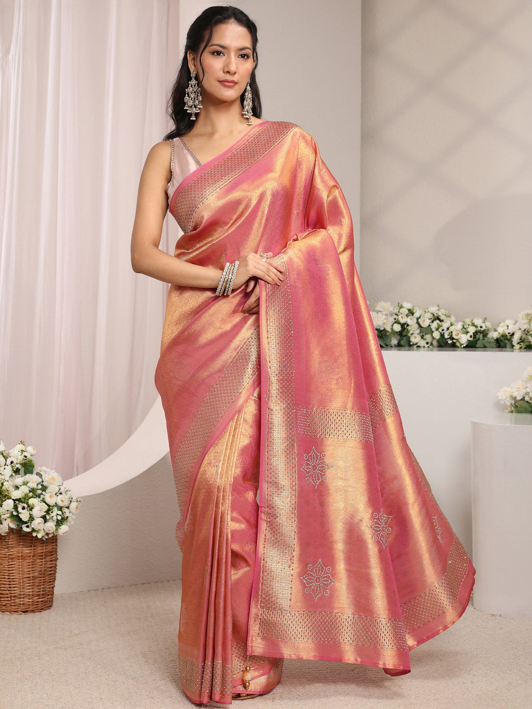  Libas Pink Ethnic Woven Design Silk Blend Saree With Unstitched Blouse Piece 