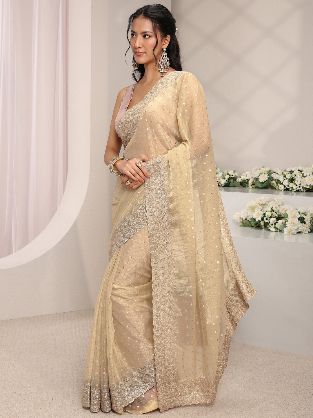  Beige Woven Design Tissue Saree With Unstitched Blouse Piece 