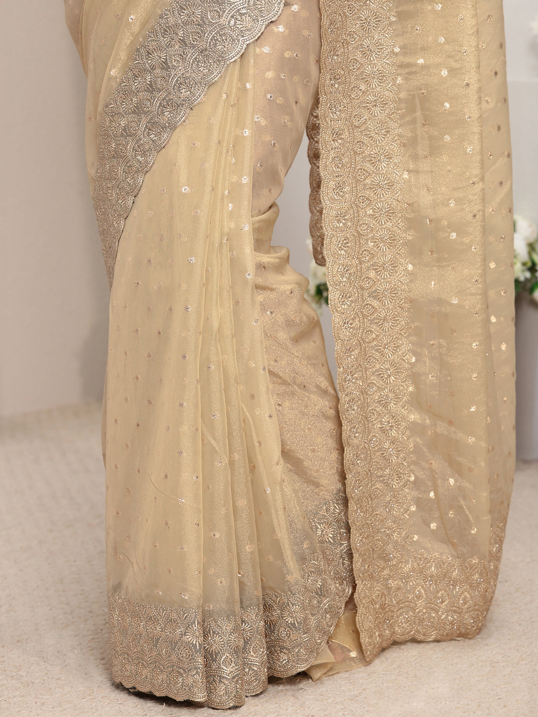  Beige Woven Design Tissue Saree With Unstitched Blouse Piece 