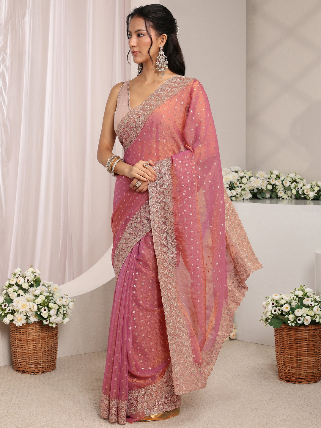  Pink Woven Design Tissue Saree With Unstitched Blouse Piece 