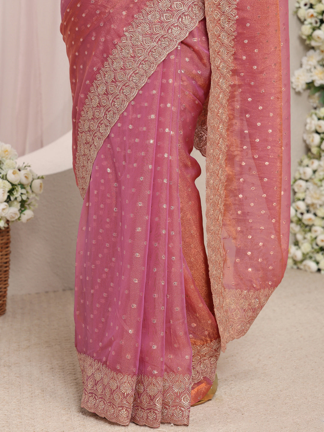  Pink Woven Design Tissue Saree With Unstitched Blouse Piece 