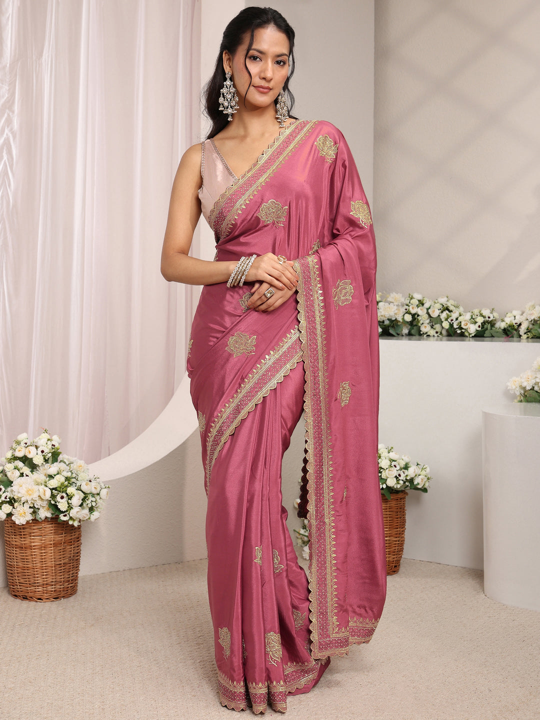  Mauve Floral Embroidered Satin Saree With Unstitched Blouse Piece 