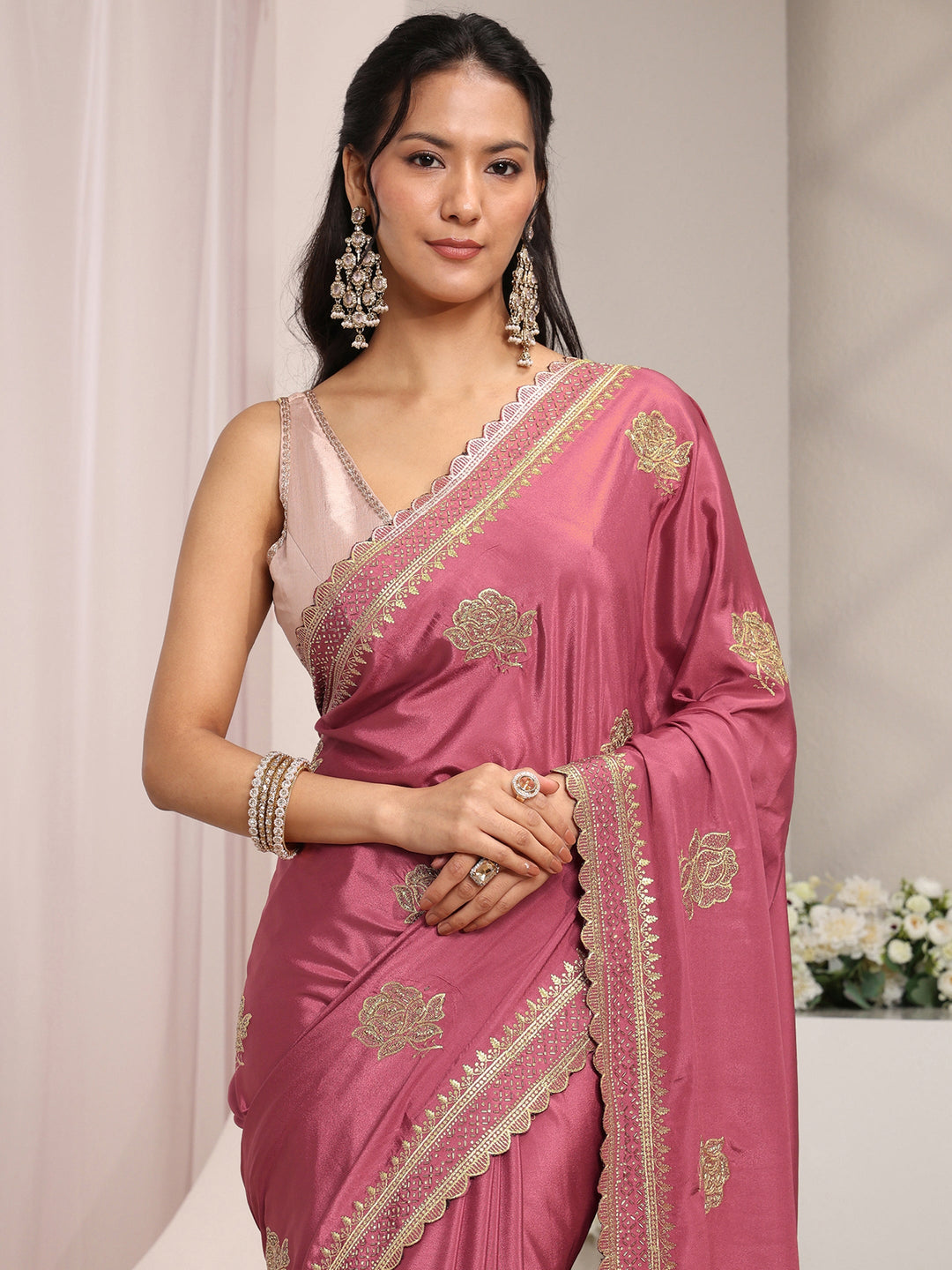 Mauve Floral Embroidered Satin Saree With Unstitched Blouse Piece 